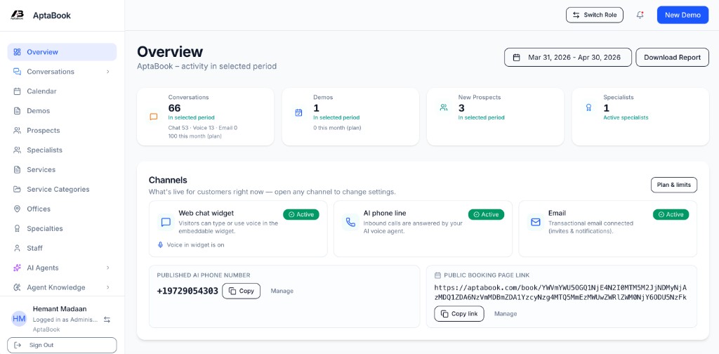 AptaBook dashboard for conversations, booking, and channels